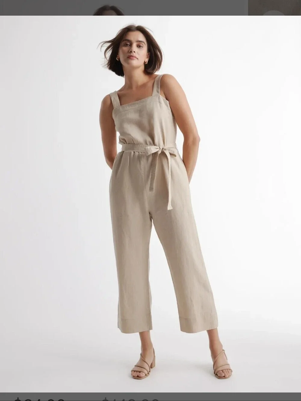 Quince European Linen Square-Neck Jumpsuit In Driftwood